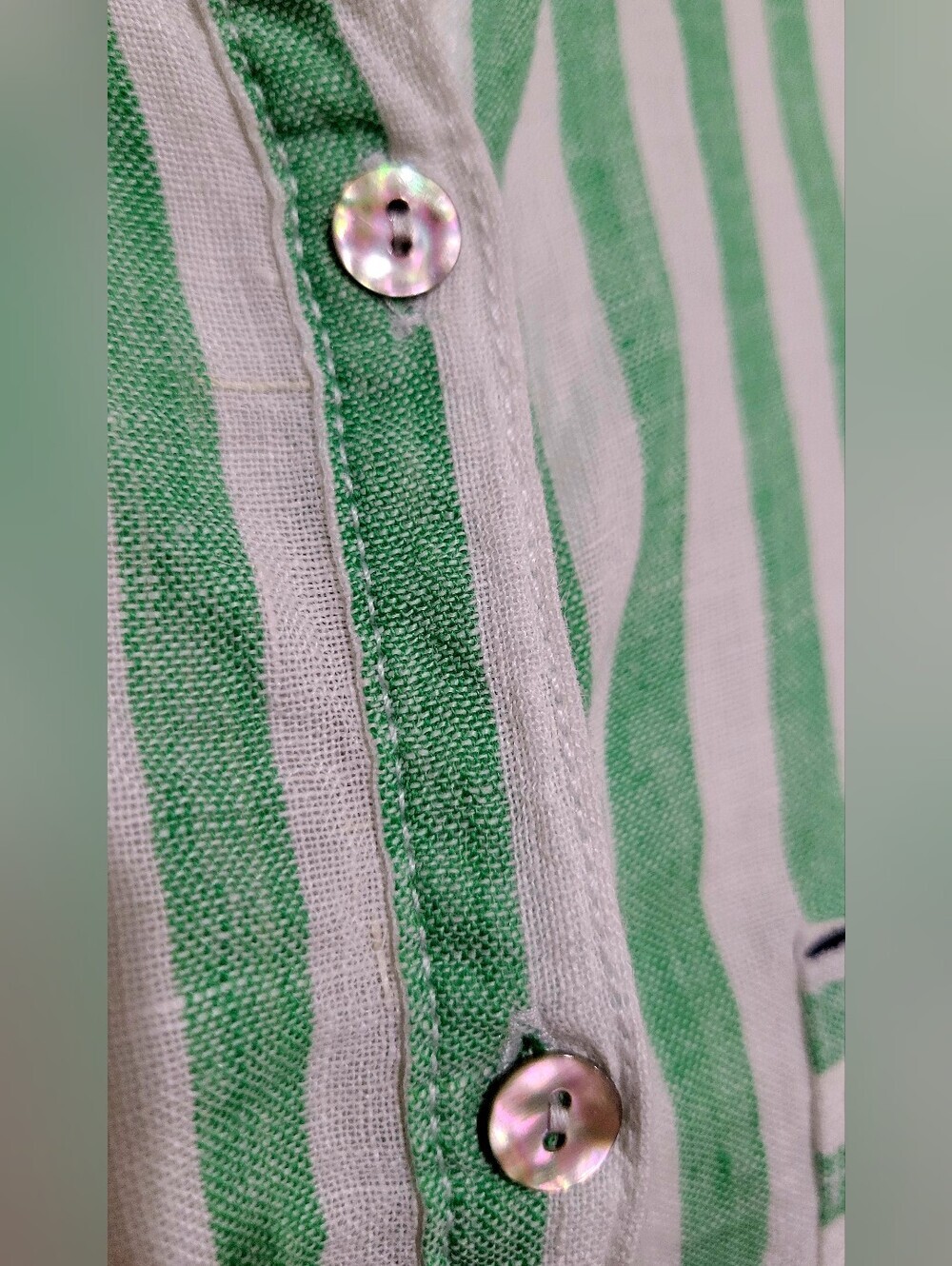 Nicole Miller 100% Linen Green & White Striped Button-Up Blouse | Size Large - Picture 4 of 7
